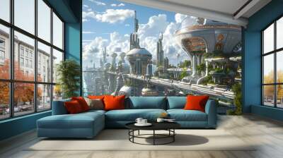 Innovative city design with floating platforms and aerial walkways, highlighting advanced space colonization Wall mural