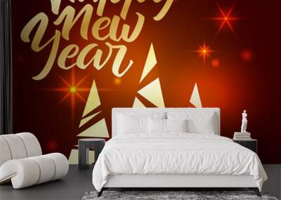 Happy New Year lettering. Hand written Happy New Year poster. Modern hand lettering on a red background with Christmas tree Wall mural