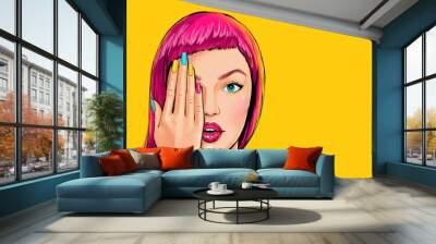 Beautiful amazed young sexy woman  touching her face in comic style. Beauty Girl  with Colorful Nail polish. Advertising poster of beauty saloon or nail bar. Wall mural