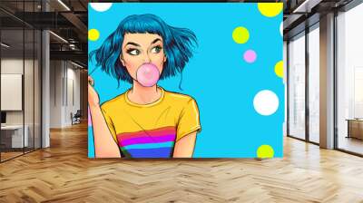 Fashionable girl with a stylish haircut inflates a chewing gum has amazed expression. Pop Art woman  Wall mural