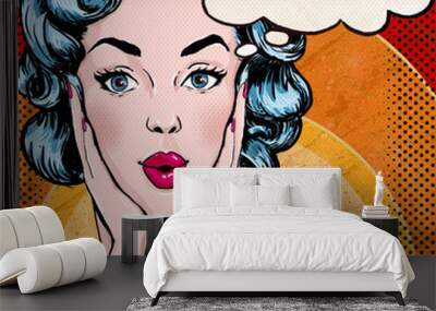 Pop Art illustration of woman with the speech bubble.P Wall mural