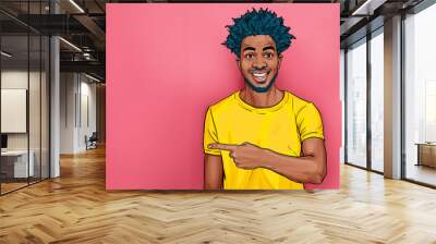 Positiv african Man showing  something strange and unexpected. Emotions and advertisement. Surprised male in comic style pointing by finger. Smiling guy. Wall mural