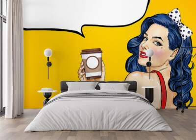 Smiling Pop Art woman with coffee cup. Advertising poster or party invitation with sexy girl with wow face in comic style. Wall mural