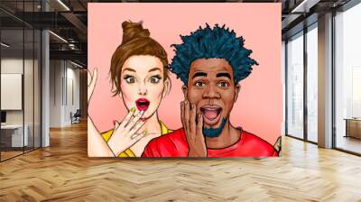 Surprised people on colored backgrounds.Amazed  happy men and women. Human emotions, facial expression concept. Sale.Wow people Wall mural