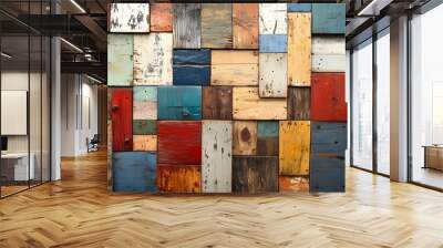 A Colorful Patchwork of Weathered Wooden Boards Wall mural