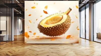 A Durian Fruit Cut Open With Falling Leaves Around It Wall mural