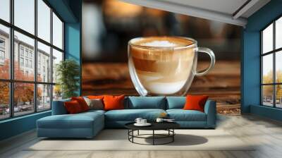 A side view of a cappuccino in a clear glass cup, showcasing the layered beverage. The drink sits on a wooden table in a coffee shop setting Wall mural