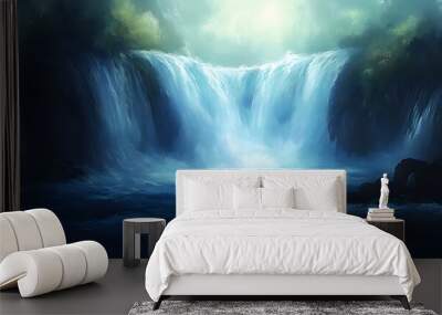 A Tranquil Forest Waterfall Glowing in the Sun Wall mural