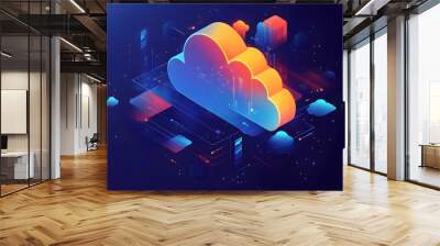 Abstract Cloud Computing with Geometric Shapes and Neon Lines Wall mural