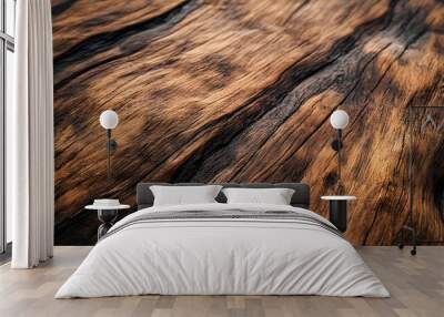 Close-up of Distinctive Grain Patterns on a Dark Brown Wooden Surface Wall mural