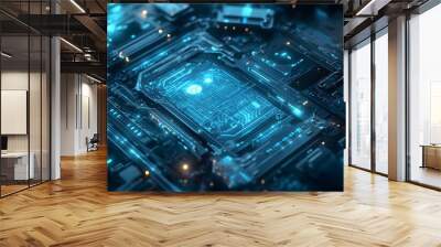 Futuristic Circuit Board with Glowing Blue Lines and Orange Lights Wall mural