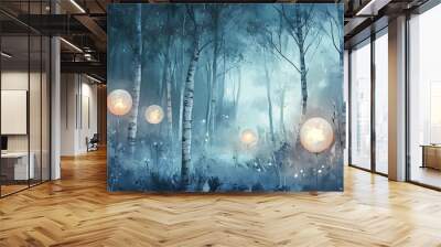 Glowing orbs amidst a misty birch forest Wall mural