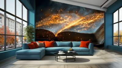 Open Book Emitting Golden Sparks and Smoke Wall mural