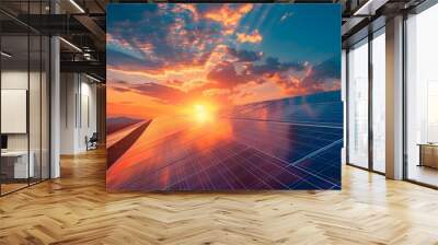 Panel solar energy photovoltaic power roof sun home cell system green house eco industry. Solar energy building panel future electric engineer technology ecology sunset nature station sky light work Wall mural