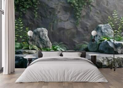 Rock podium stone forest background product 3D platform pedestal flat. Stone round rock podium display render green gray stand abstract wild nature space stage mockup cosmetic outdoor empty scene. Wall mural