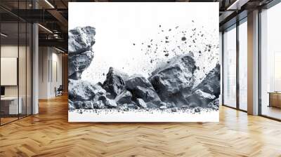 Rock stone white background fall black falling space isolated splash dust mountain cliff flying. Earth stone boulder texture rock abstract broken powder white dirt blast float burst fantasy surface Wall mural