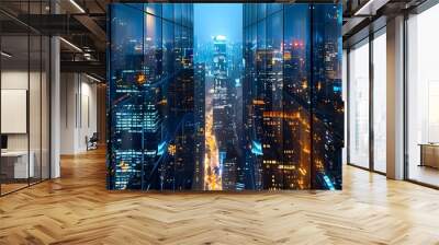 Skyscrapers at night, dark building facade, city lights reflection on glass. Generative AI Wall mural