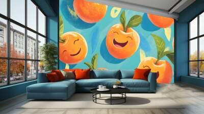 Smiling Oranges with Green Leaves on a Blue Background Wall mural