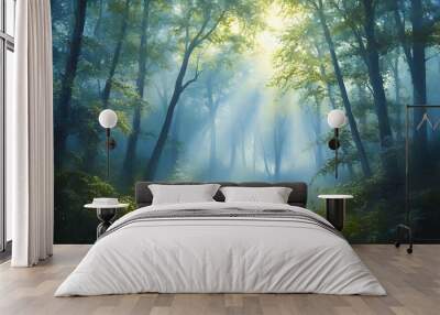 Sunlight Filtering Through a Foggy Forest Wall mural