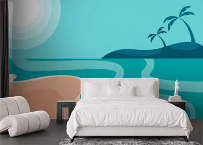 Tropical landscape of coast beautiful sea shore beach on good sunny day flat vector illustration, Creative background of landscape, panorama of sea and beach. Summer sale, post template Wall mural