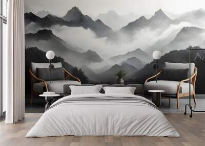 Two Armchairs Facing Each Other in a Room with a Mountain Range Mural Wall mural