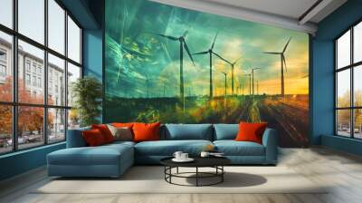 Wind Turbines Silhouette Against a Dramatic Sunset Sky with Abstract Lines Wall mural