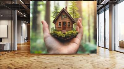 A hand holds a miniature wooden house with trees, symbolizing nature, creativity, and the magic of home in a forest setting. Wall mural