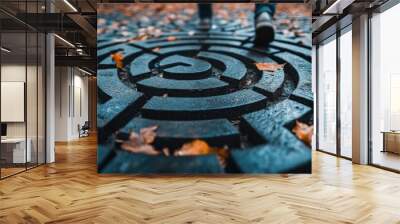 A person walking through a maze made of dark tiles with autumn leaves scattered around, creating a serene and contemplative scene. Wall mural