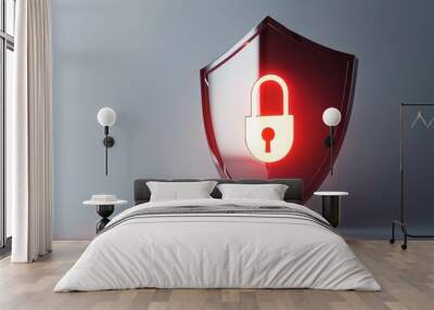 A security shield with a central lock icon on solid white background, single object Wall mural