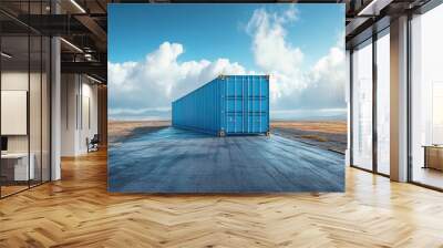 A solitary blue shipping container on a serene landscape under a bright sky, capturing a moment of tranquility and isolation. Wall mural