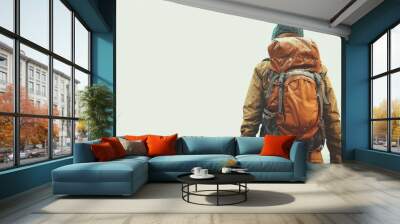 A solo traveler with a backpack, walking down a scenic path, embarking on an adventurous journey, perfect for holiday themes, isolated on a white background with ample copy space Wall mural