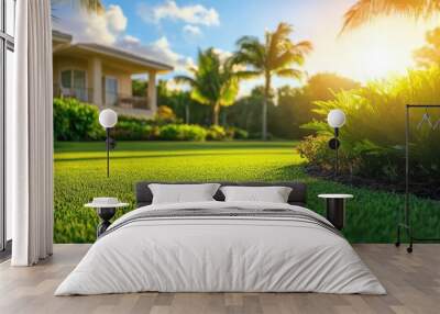 A vibrant lawn bathed in warm sunlight, showcasing lush greenery and tropical plants near a beautiful house. Wall mural