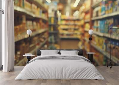 blurry grocery store aisle with shelves full of products Wall mural