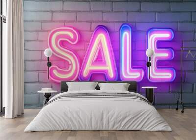 Bright neon 'SALE' sign glowing against a textured brick wall, perfect for promoting discounts and special offers. Wall mural