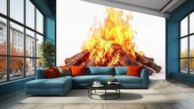 Crackling bonfire flames on solid white background, single object Wall mural