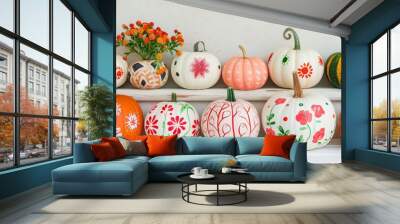 Creative decor with pumpkins painted in unique designs close up, artistic touch, realistic, Fusion, porch Wall mural