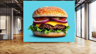 Delicious cheeseburger with fresh lettuce, onions, and ketchup served on a sesame seed bun against a vibrant blue background. Wall mural