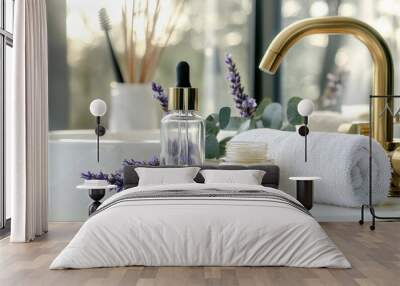 Elegant bathroom setup featuring lavender, skincare products, a golden faucet, and a soft towel, creating a serene and luxurious atmosphere. Wall mural