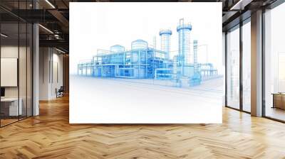 Factory under construction, building phase, detailed blueprint style, blue tones, isolated on white background Wall mural