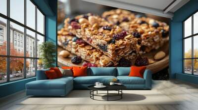 Homemade healthy granola bars with nuts, seeds and dried fruits. Wall mural