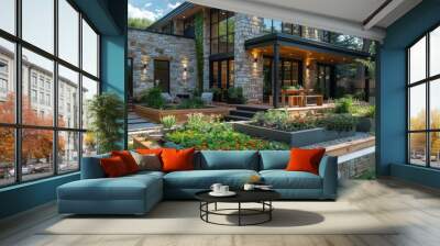 Modern house exterior with stone and wood. Large windows and a garden with a stone retaining wall. Wall mural