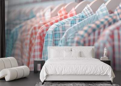 Plaid shirts hanging on a rack close up, casual style, realistic, Fusion, clothing store Wall mural