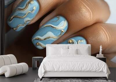 Stylish blue nail art design featuring golden swirls and elegant patterns, perfect for fashion and beauty inspiration. Wall mural