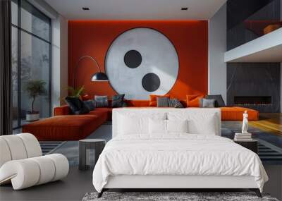 The living room is decorated in a modern style with bright orange and gray colors Wall mural