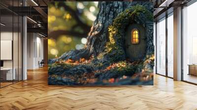 The photo shows a small, magical door in a tree trunk. The door is made of wood and has a round window. The tree is covered in moss and leaves. Wall mural