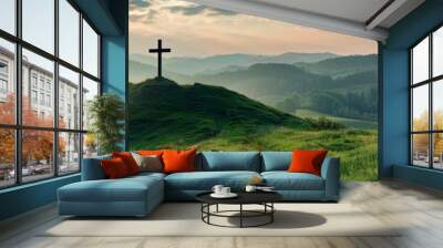 The verdant hill is illuminated by the first light of dawn, revealing a Christian cross. Wall mural