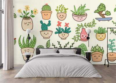 cute kawaii potted plant character illustration Wall mural