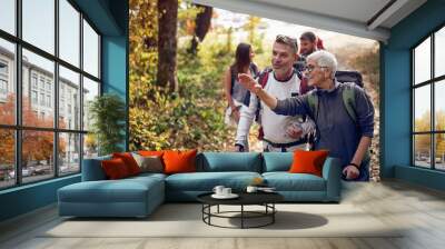 An elderly couple at hiking looking for the trail Wall mural