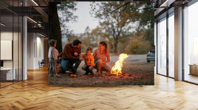 Family on picnic in wood light fire Wall mural