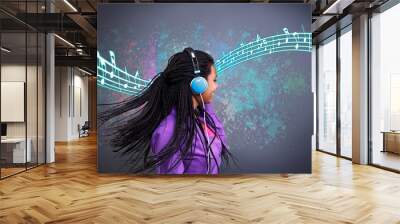 Girl listen music on headphones and dancing Wall mural